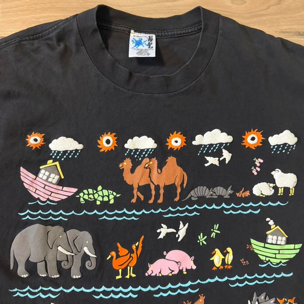 RARE Vintage 90s Noah’s Ark Single Stitch AOP Nature Bible Stories Tee Size XL